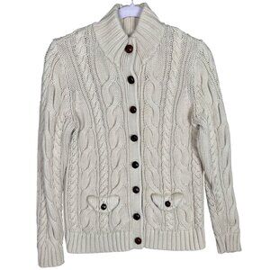Lands End Womens Cardigan Sweater Medium Beige Cable Knit Fisherman Classic